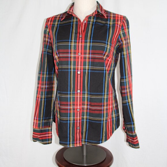 J. CREW  Women's Black Tartan Plaid Cotton Button Down Top Sz 4 Slim - Picture 1 of 10
